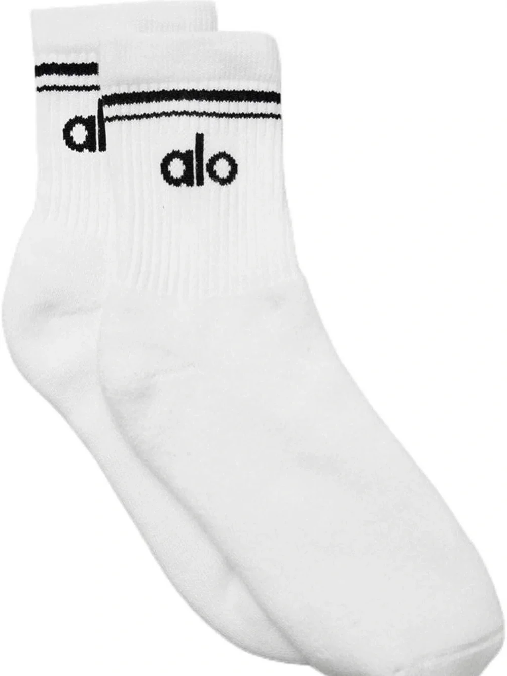 ALO Yoga White Crew Socks with Black Logo Stripe